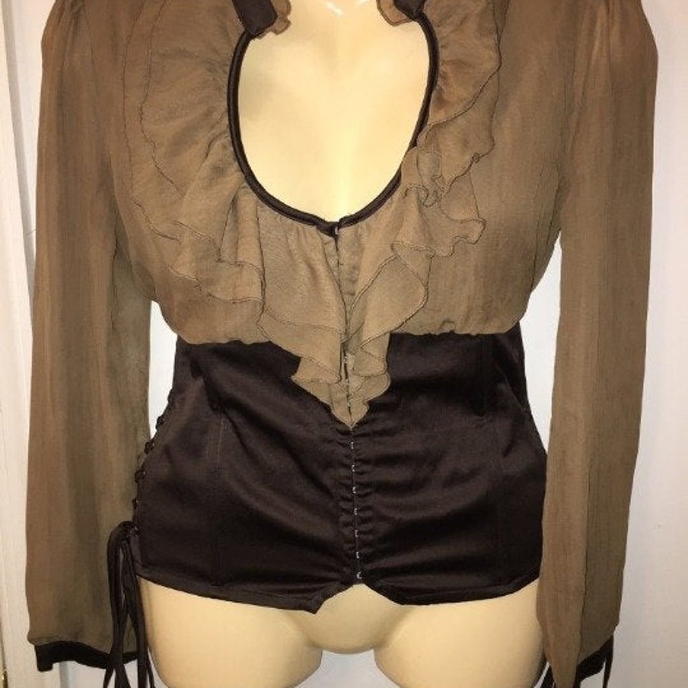 *RARE* LVL X Corset Blouse Ruffle Collar Size L Cool Mustard Tone and Brown L
